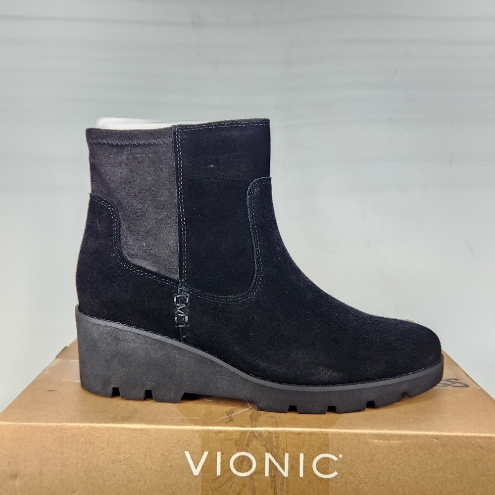 Vionic Ariana Bootie Women Size 9.5 WIDE Black Suede Wedge Ankle Boot
